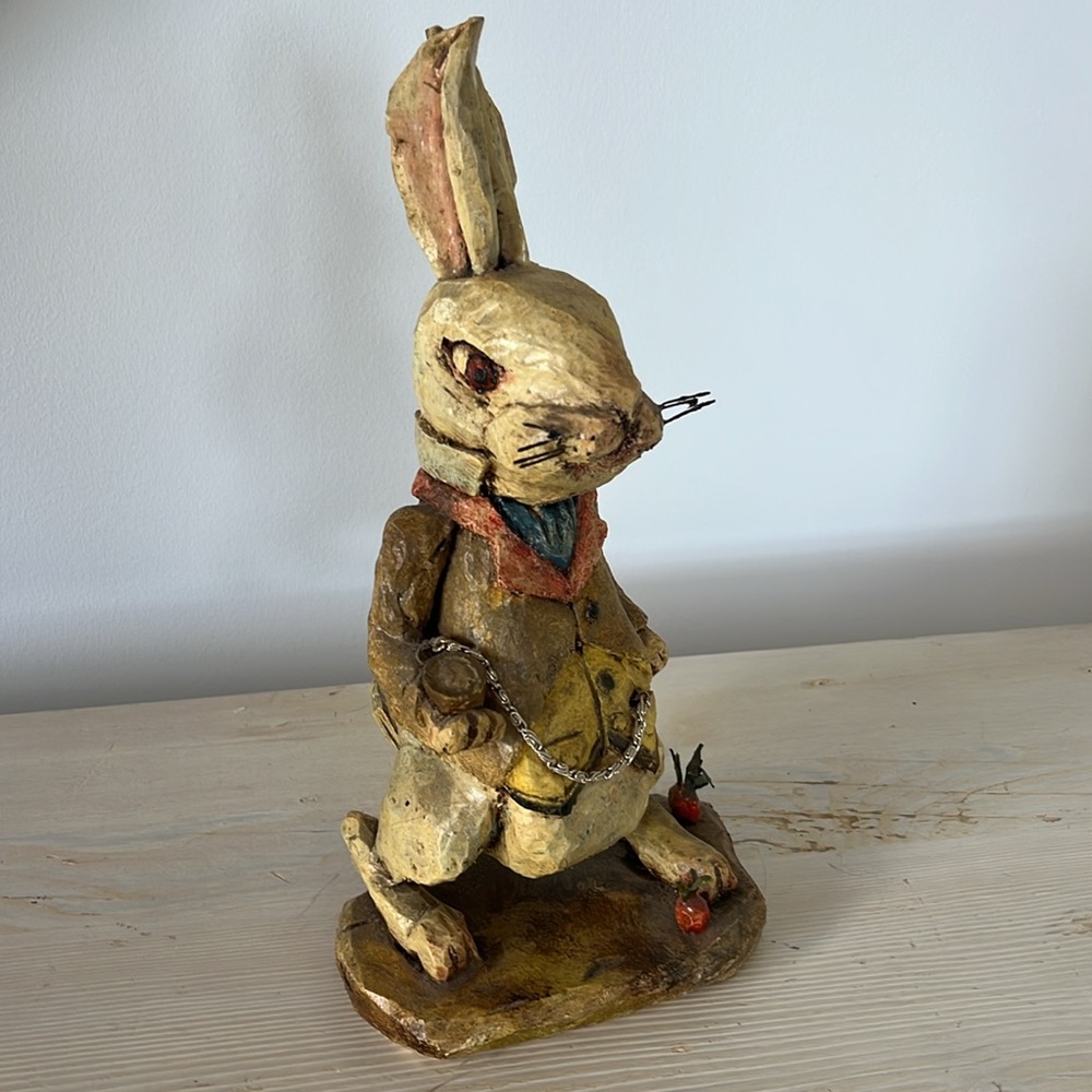 Vintage 2004 handmade White Rabbit Alice in Wonderland wooden figurine folk art - Picture 3 of 13
